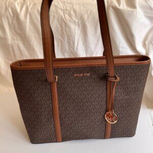 Michael Kors Sady Large Logo Canvas Top-Zip Laptop Travel Tote Brown